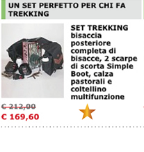 SET TREKKING bisaccia posteriore completa di bisacce, 2 scarpe di scorta Simple Boot, calza pastorali e coltellino multifunzione
