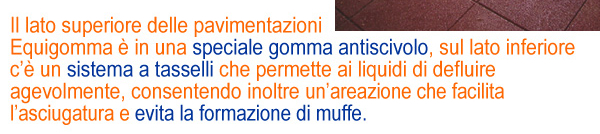 Il lato superiore delle pavimentazioni Equigomma è in una speciale gomma antiscivolo, sul lato inferiore c'è un sistema a tasselli che permette ai liquidi di defluire agevolmente, consentendo inoltre un'areazione che facilita l'asciugatura e evita la formazione di muffe.