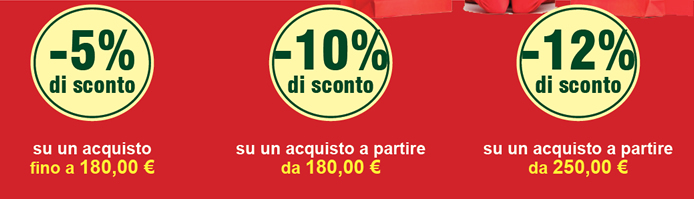 5% extra sconto fino a 180,00 € di spesa - 10% extra sconto da 180,00 € di spesa e fino a 250,00 € - 12% extra sconto da 250,00 € di spesa