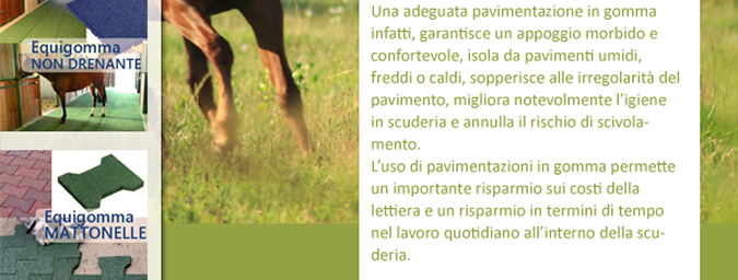Una adeguata pavimentazione in gomma infatti, garantisce un appoggio morbido e confortevole, isola da pavimenti umidi, freddi o caldi, sopperisce alle irregolarità del pavimento, migliora notevolmente l'igiene in scuderia e annulla il rischio di scivolamento. L'uso di pavimentazioni in gomma permette un importante risparmio sui costi della lettiera e un risparmio in termini di tempo nel lavoro quotidiano all'interno della scuderia.