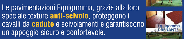 Le pavimentazioni Equigomma, grazie alla loro speciale texture anti-scivolo, proteggono i cavalli da cadute e scivolamenti e garantiscono un appoggio sicuro e confortevole.