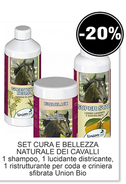 SET CURA E BELLEZZA NATURALE DEI CAVALLI 1 shampoo, 1 lucidante districante, 1 ristrutturante per coda e criniera sfibrata Union Bio